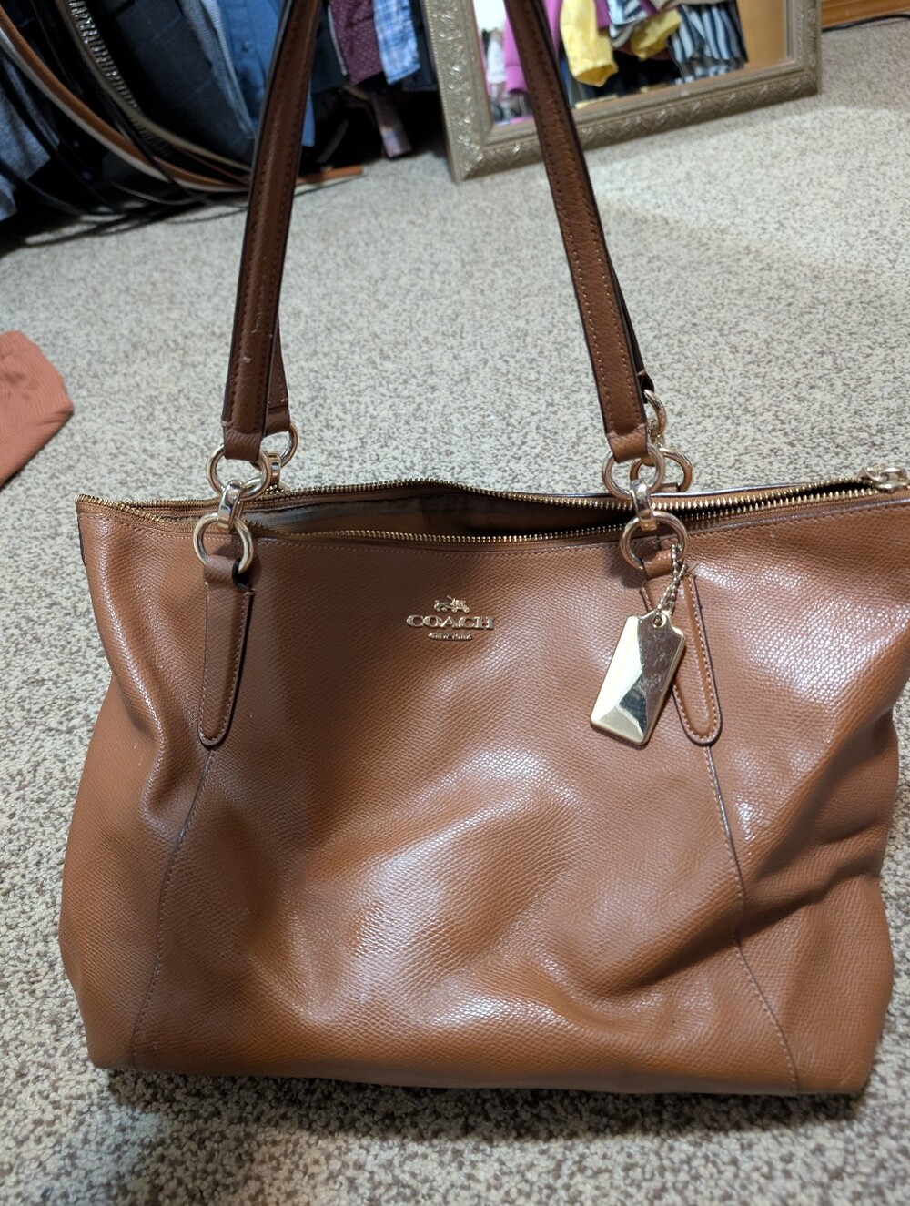 Coach Brown Pebbled Leather Tote with Gold Accent